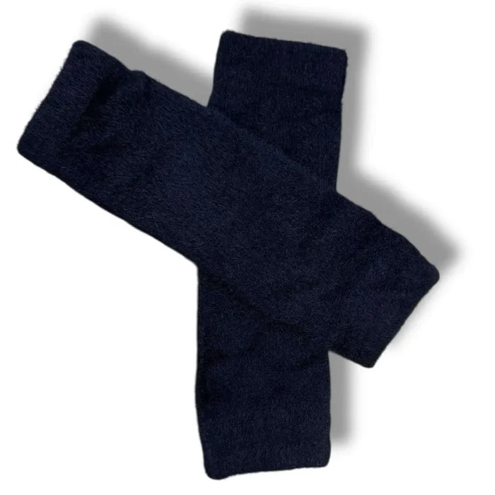 Black Fuzzy Soft Arm Warmers Gloves with thumb holes in velvet-feel fleece, adjustable scrunch or elbow-length forearm coverage