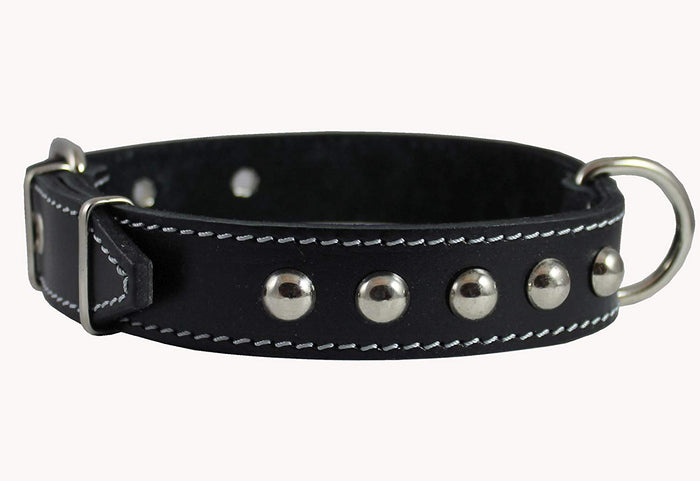 Black Genuine 1" Wide Thick Leather Studded Dog Collar. Fits 14"-17" Neck, Medium Breeds.