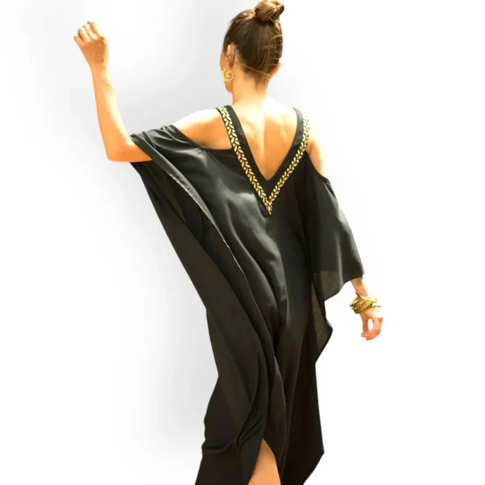 Goddess Black Open Shoulder Long Dress Kaftan