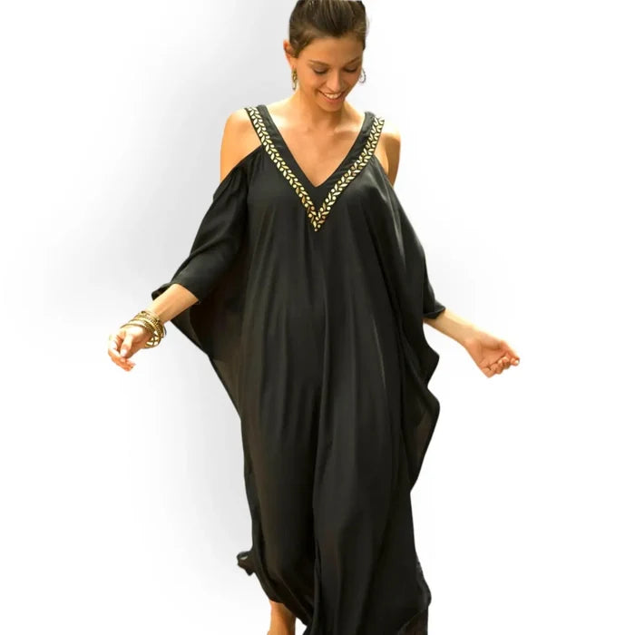 Goddess Black Open Shoulder Long Dress Kaftan