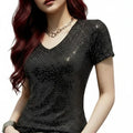 woman Black Gold V Neck Short Sleeve Sequin Top with stretch knit and western glam style / large