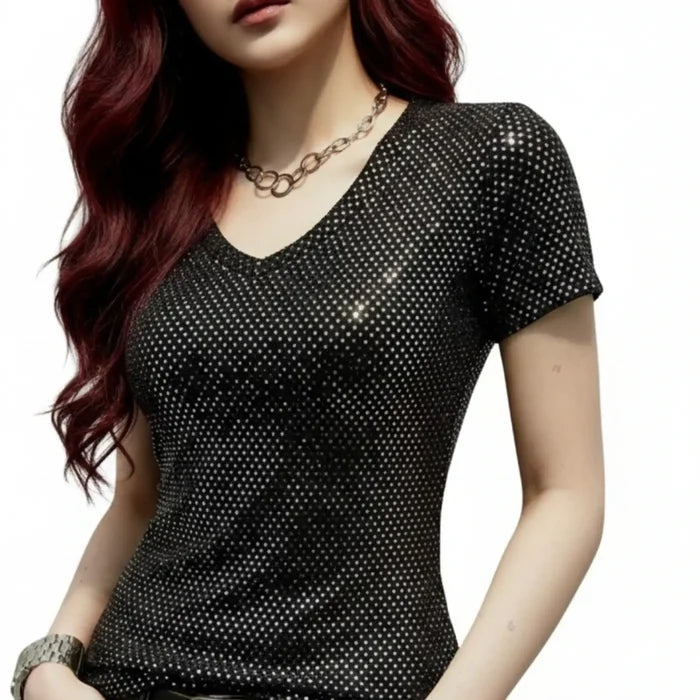 woman Black Gold V Neck Short Sleeve Sequin Top with stretch knit and western glam style / large