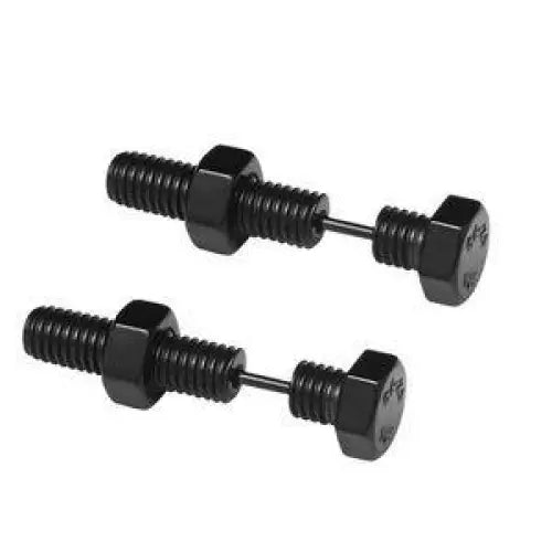 Black hexagon bolts stud earrings with faux gauge style in matte titanium, punk gothic cyberpunk unisex industrial fashion jewelry.
