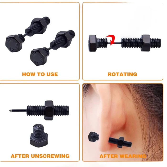 Black hexagon bolts stud earrings with faux gauge style in matte titanium, punk gothic cyberpunk unisex industrial fashion jewelry.