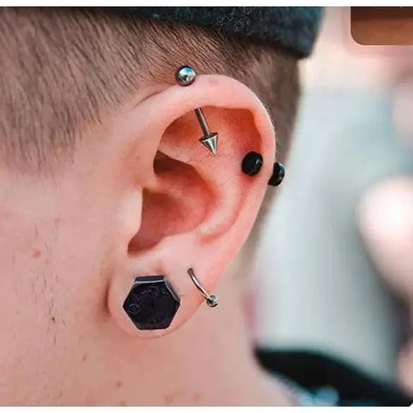 Black hexagon bolts stud earrings with faux gauge style in matte titanium, punk gothic cyberpunk unisex industrial fashion jewelry.