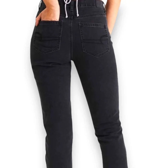 Black High Waist Denim Straight Leg Jeans with rigid no-stretch fit, high 11.75" rise, and straight leg style