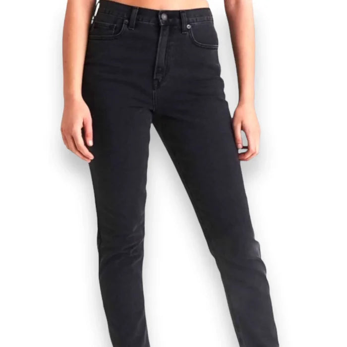 Black High Waist Denim Straight Leg Jeans with rigid no-stretch fit, high 11.75" rise, and straight leg style
