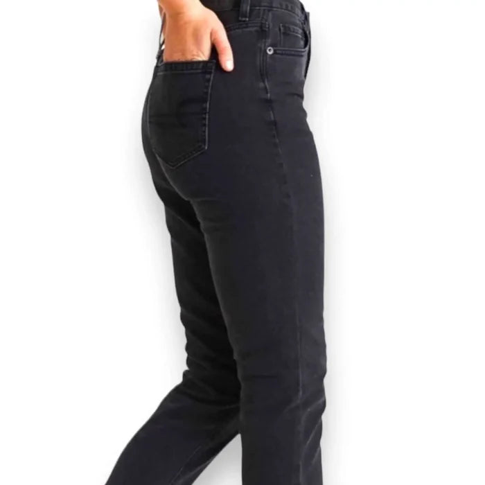 Black High Waist Denim Straight Leg Jeans with rigid no-stretch fit, high 11.75" rise, and straight leg style