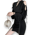 Black High Waist Side Slits Fitted Mini Skirt model wearing with black top white background