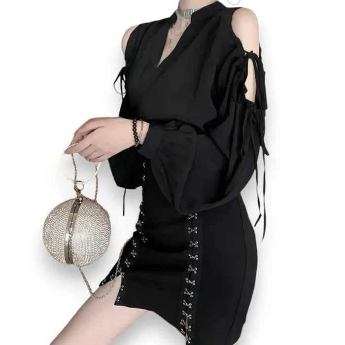 Black High Waist Side Slits Fitted Mini Skirt model wearing with black top white background