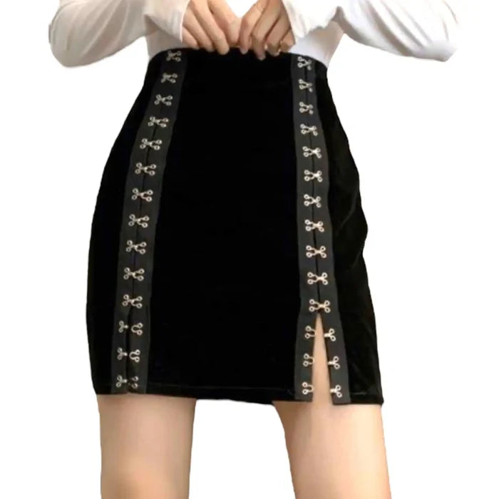 Black High Waist Side Slits Fitted Mini Skirt model wearing with white top white background