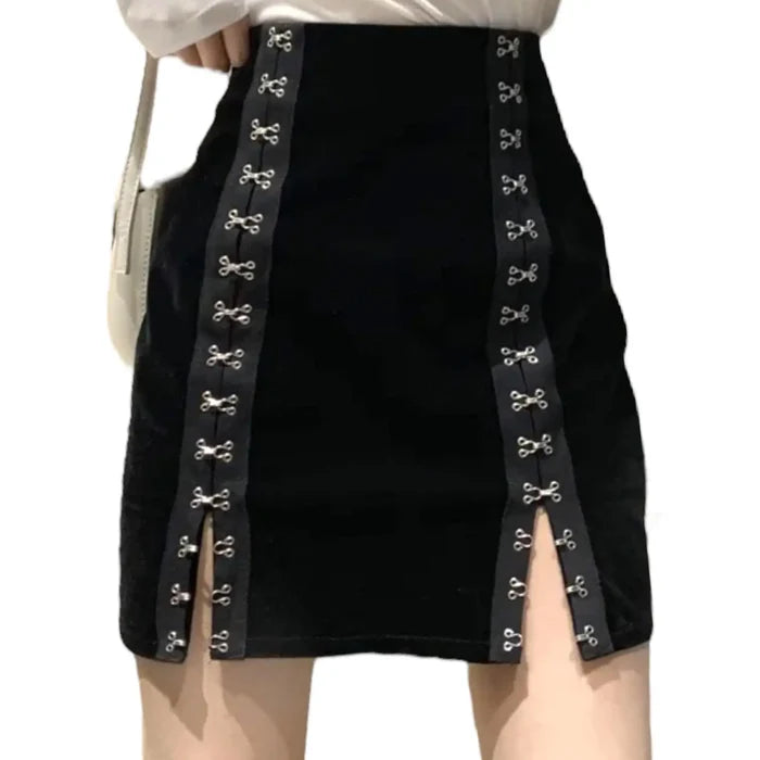 Black High Waist Side Slits Fitted Mini Skirt model wearing with  white top white background
