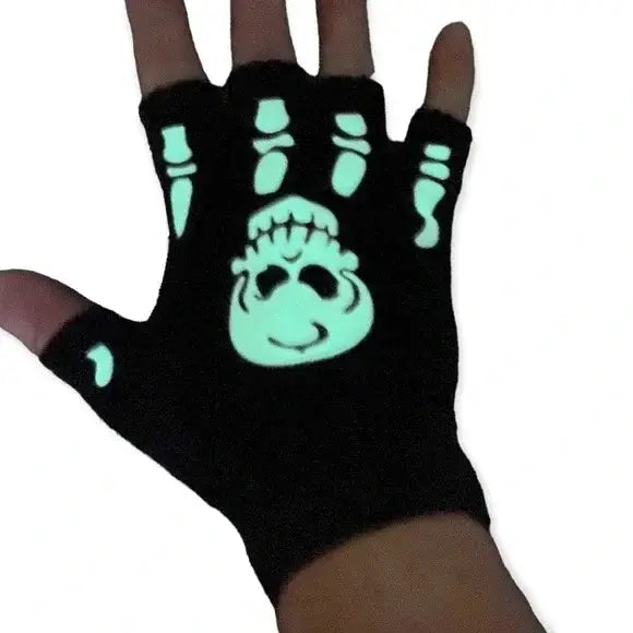 glow-in-the-dark skeleton skulls fingers fingerless gloves worn on hand