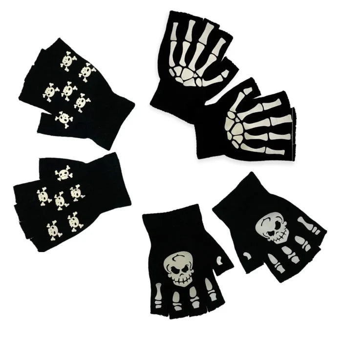 unisex black fingerless gloves with bone print flat lay