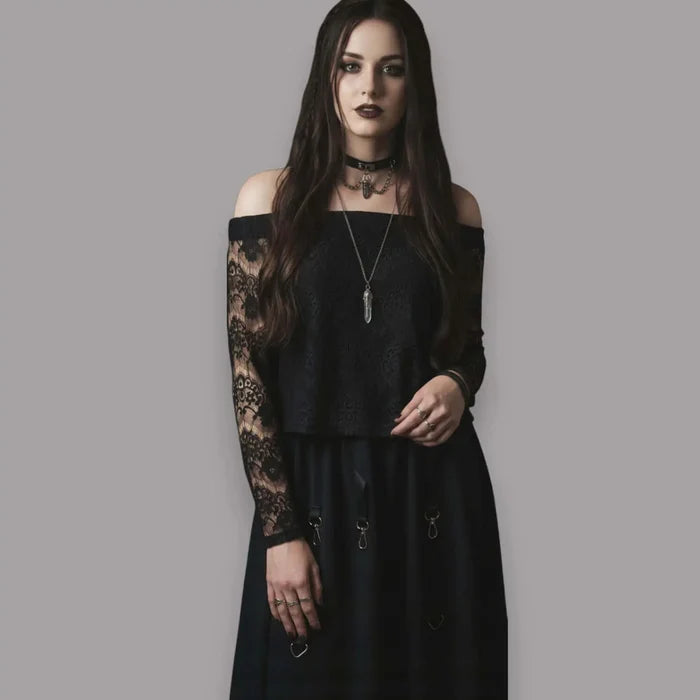Black Lace Off Shoulder Bell Sleeve Blouse with semi sheer bell sleeves and lined body panel