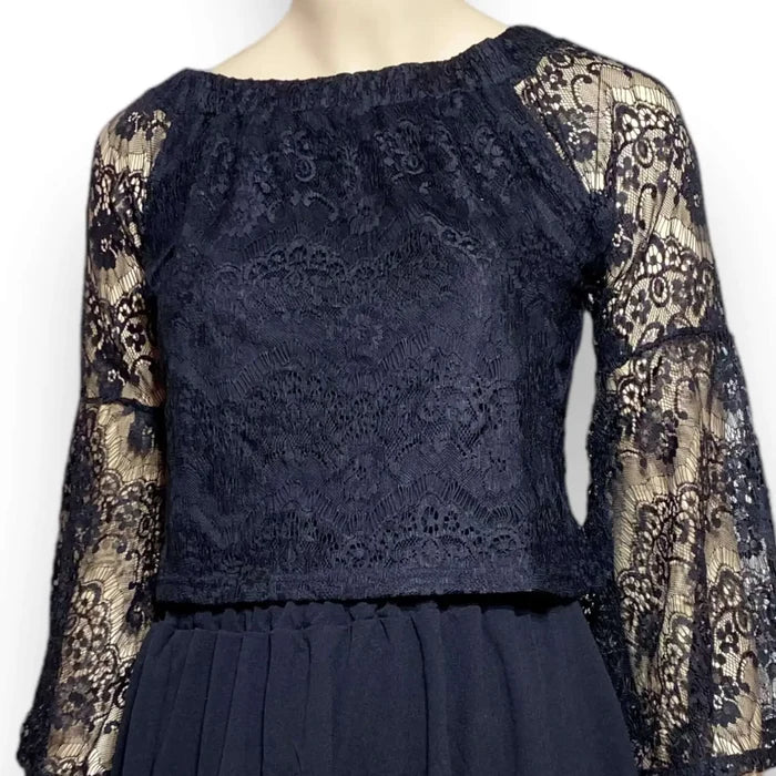 Black Lace Off Shoulder Bell Sleeve Blouse with semi sheer bell sleeves and lined body panel