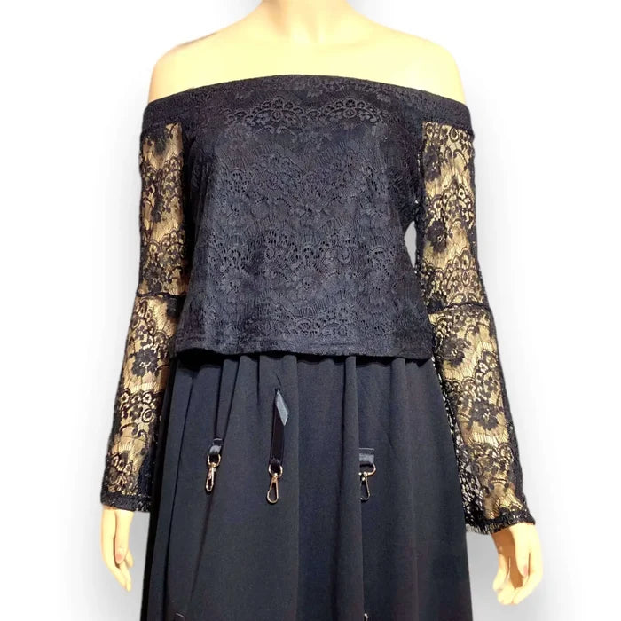 Black Lace Off Shoulder Bell Sleeve Blouse with semi sheer bell sleeves and lined body panel