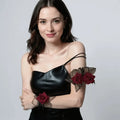 gothic lace rose cuffs styled with evening dress and pair display by model