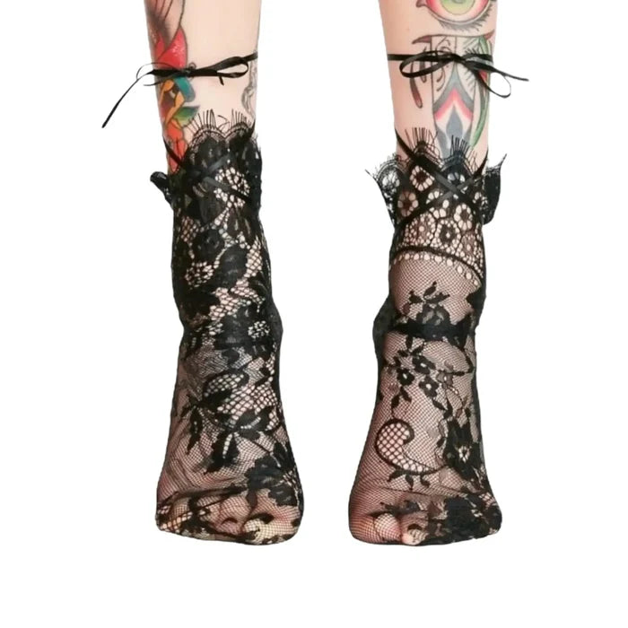 Black lace ribbon tie ankle socks with sheer floral lace and frill trim, perfect for coquette and Y2K fashion.