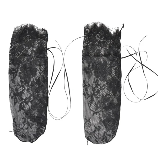 Black lace ribbon tie ankle socks with sheer floral lace and frill trim, perfect for coquette and Y2K fashion.