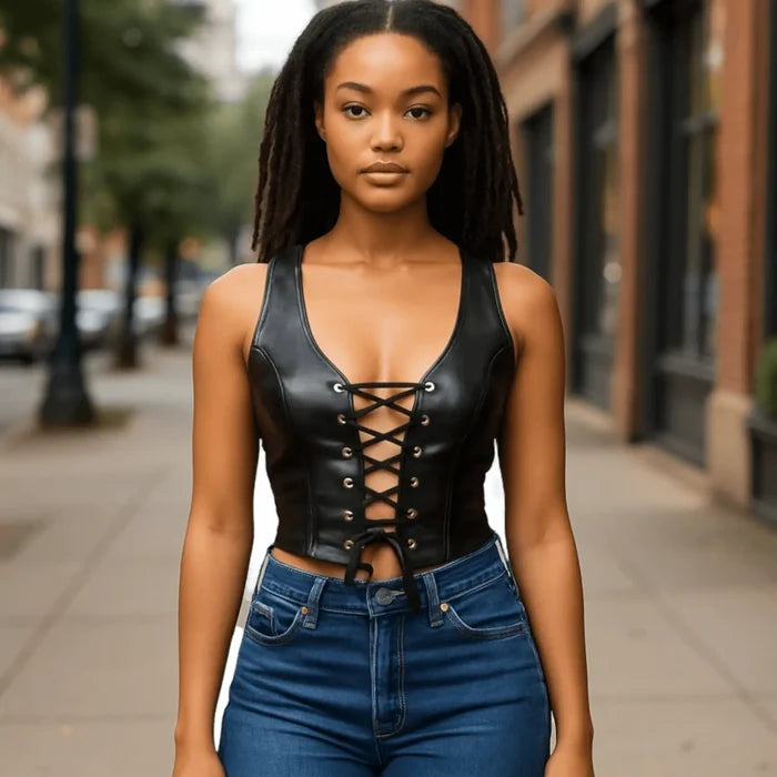 Black Lace-Up Halter Crop Corset Top silver grommets up front fitted top