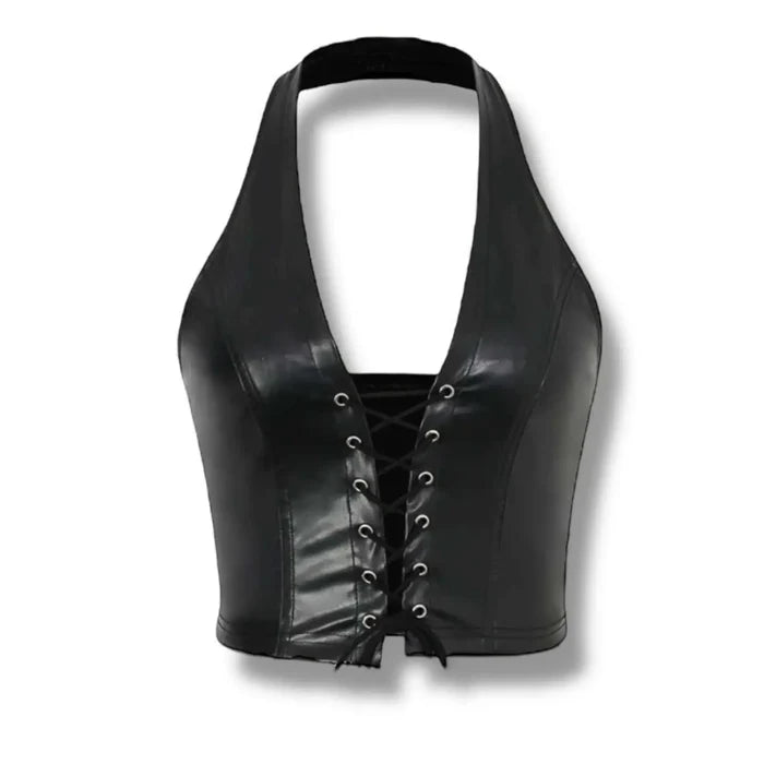 Black Lace-Up Halter Crop Corset Top silver grommets up front fitted top