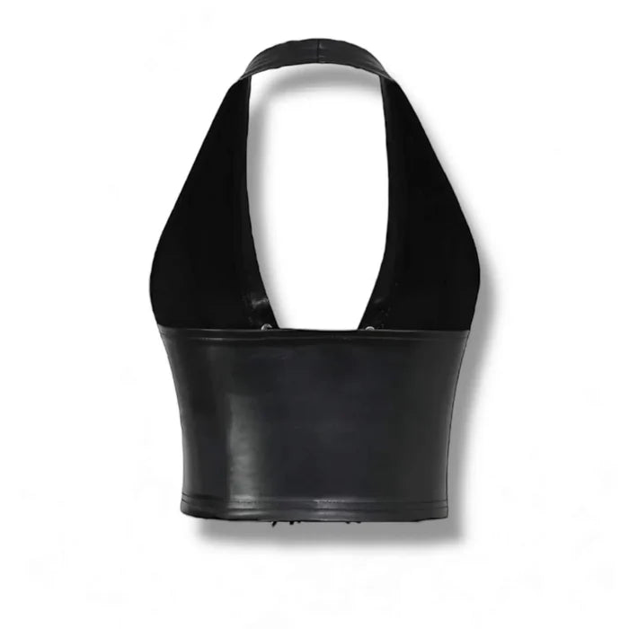 Black Lace-Up Halter Crop Corset Top silver grommets up front fitted top