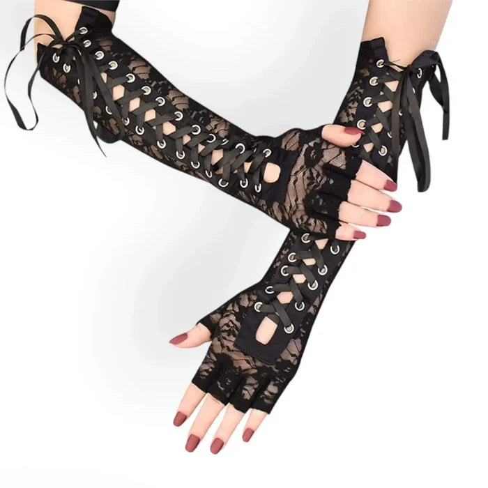woman wearing Black Lace Up Long Fingerless Gloves with corset lacing, silver grommets, finger openings, and stretch knit fabric
