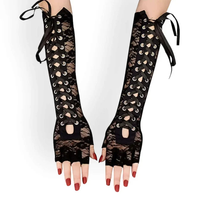 woman wearing Black Lace Up Long Fingerless Gloves with corset lacing, silver grommets, finger openings, and stretch knit fabric