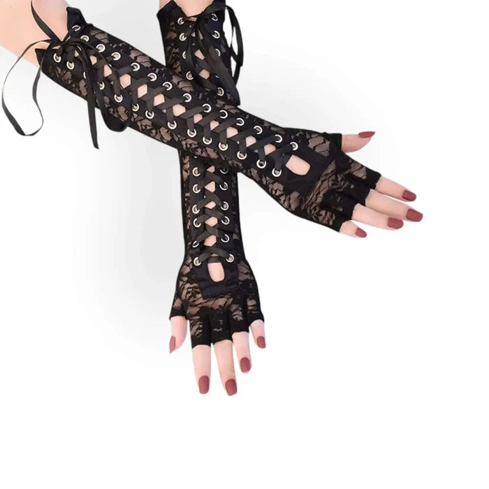 woman wearing Black Lace Up Long Fingerless Gloves with corset lacing, silver grommets, finger openings, and stretch knit fabric