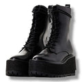 black lace up mid-calf platform boots with wedge lug sole, side zipper for women