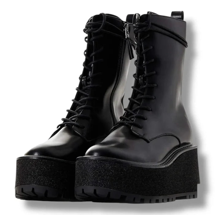 black lace up mid-calf platform boots with wedge lug sole, side zipper for women