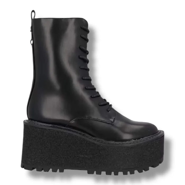 black lace up mid-calf platform boots with wedge lug sole, side zipper