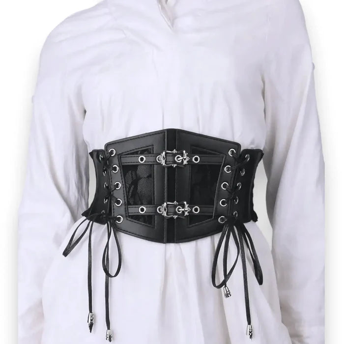 Black Lace Up Wide Corset Belt - Black/Silver / One size / Adults - Women’s Belts