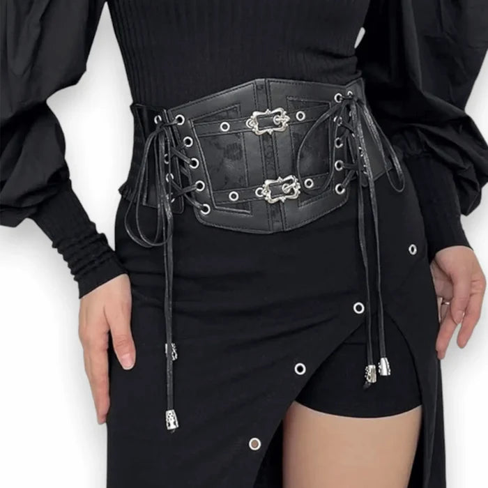 Black Lace Up Wide Corset Belt - Black/Silver / One size / Adults - Women’s Belts