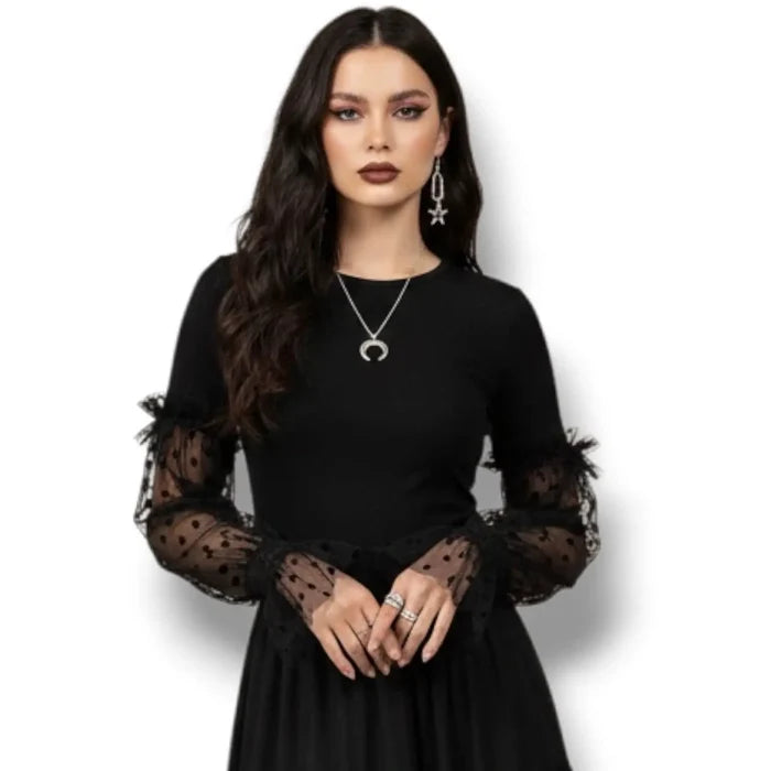 Black Lace Velvet Dots Ruffle Arm Covers - Polka Dot Arm Covers / Adults / Black - Arm Warmers