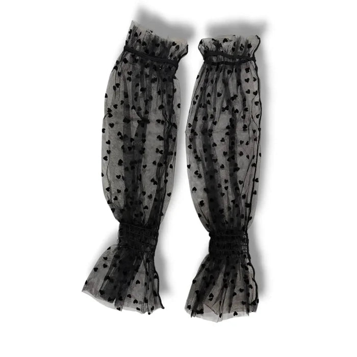 Black Lace Velvet Dots Ruffle Arm Covers - Polka Dot Arm Covers / Adults / Black - Arm Warmers