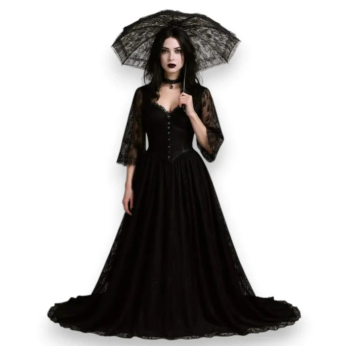 Black Lace Vintage Parasol Umbrella with gothic woman in black velvet dress