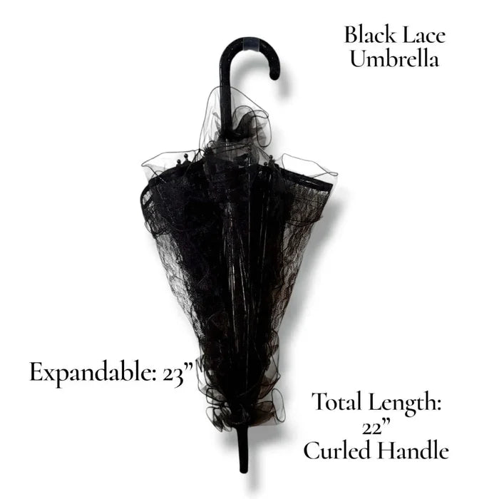 Black Lace Vintage Parasol Umbrella closed up with measurements