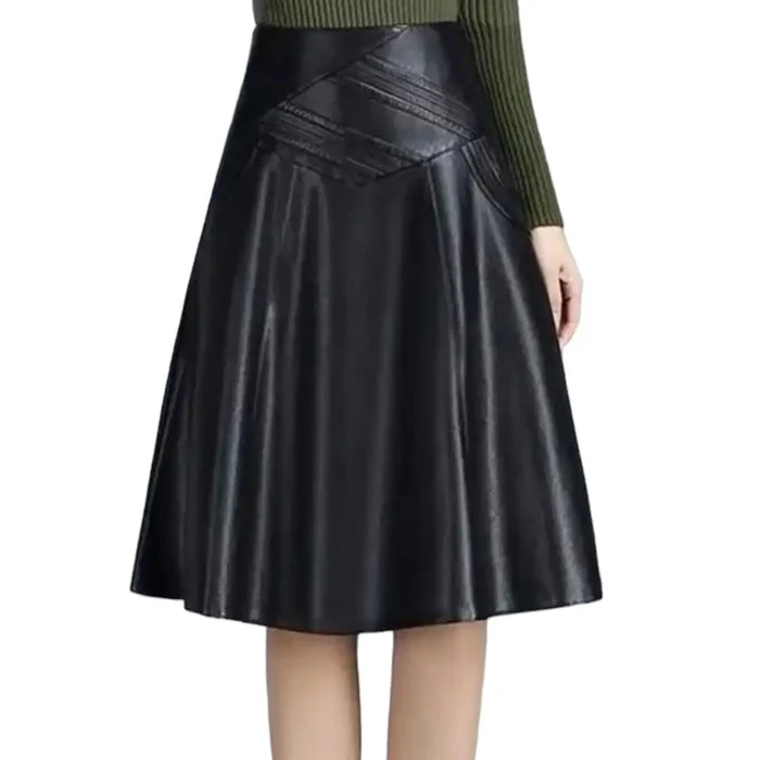 black faux leather a-line midi skirt with embroidered waist front view