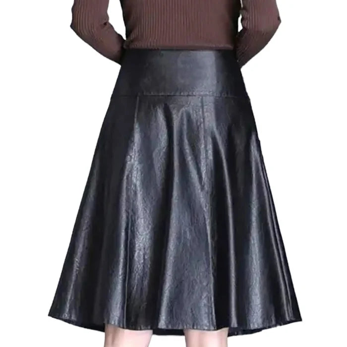 black faux leather a-line midi skirt with bias cut back view on model