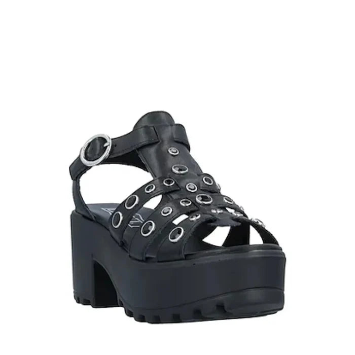 Black Leather Crystal Platform Sandals Chunky Heel with faceted black crystals, multi straps, buckle closure, and 3 inch block heel 8.5