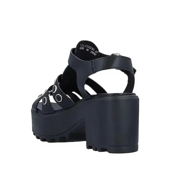 Black Leather Crystal Platform Sandals Chunky Heel with faceted black crystals, multi straps, buckle closure, and 3 inch block heel 8.5