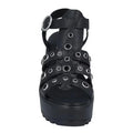 Black Leather Crystal Platform Sandals Chunky Heel with faceted black crystals, multi straps, buckle closure, and 3 inch block heel 8.5