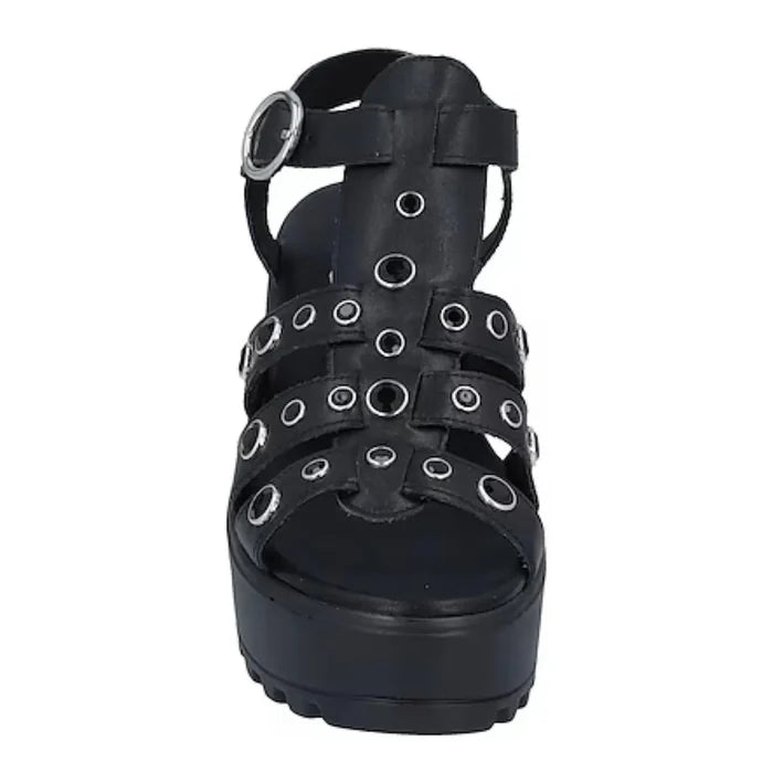 Black Leather Crystal Platform Sandals Chunky Heel with faceted black crystals, multi straps, buckle closure, and 3 inch block heel 8.5