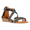 Black Leather Embellished Gladiator Sandals with cowrie shells, rhinestones, and low wedge 7.5