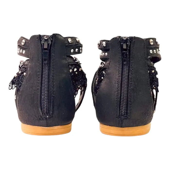 Black Leather Embellished Gladiator Sandals with cowrie shells, rhinestones, and low wedge backside zipper closure 7.5
