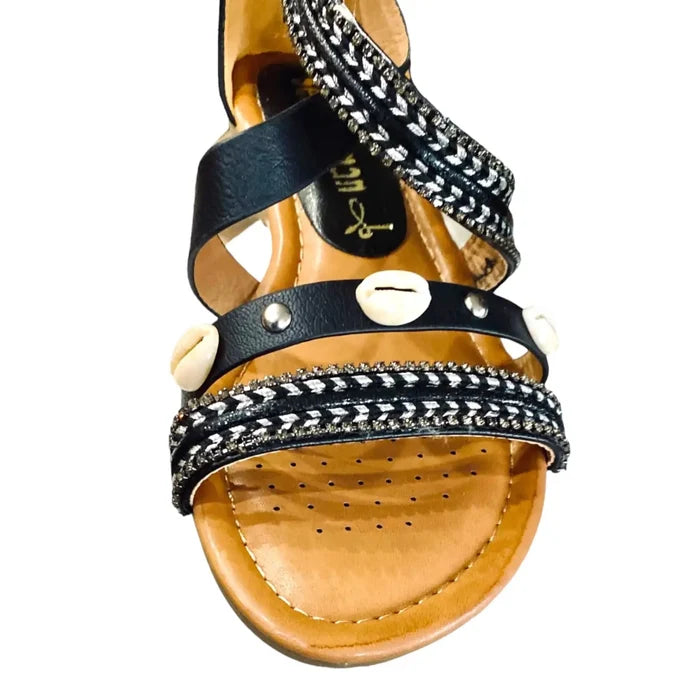 Women's Black Leather Embellished Gladiator Sandals with cowrie shells, rhinestones, and low wedge 7.5