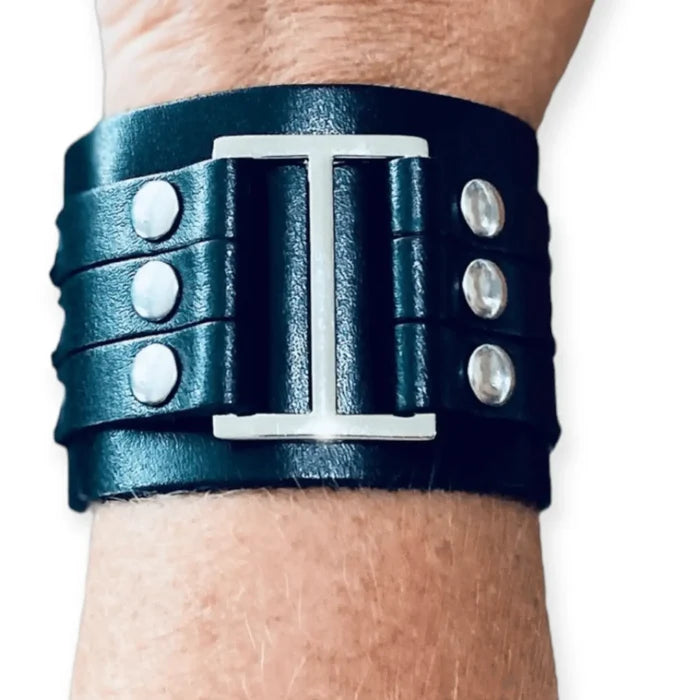 Black Leather Silver Straps Cuff Bracelet