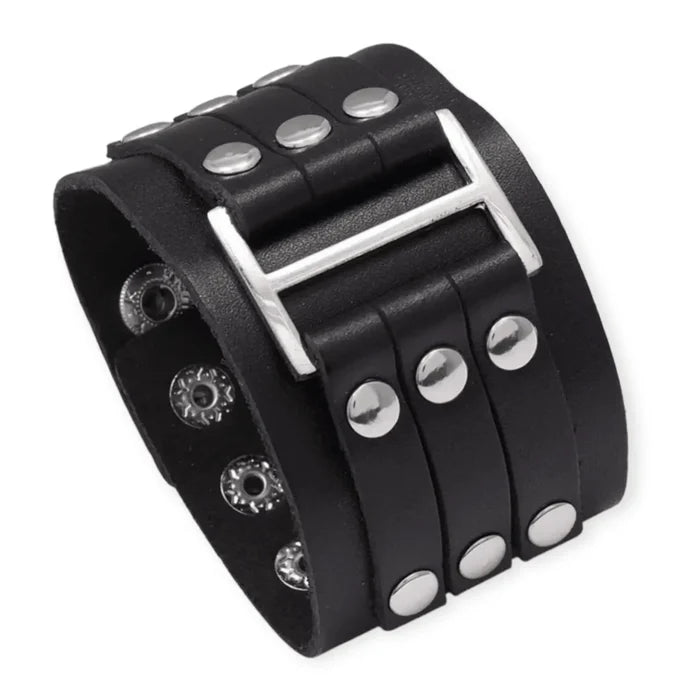Black Leather Silver Straps Cuff Bracelet